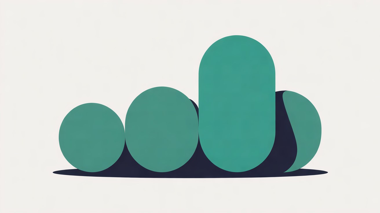 Flat illustration of rounded teal shapes in a row on a warm grey background, with one taller shape standing above the rest