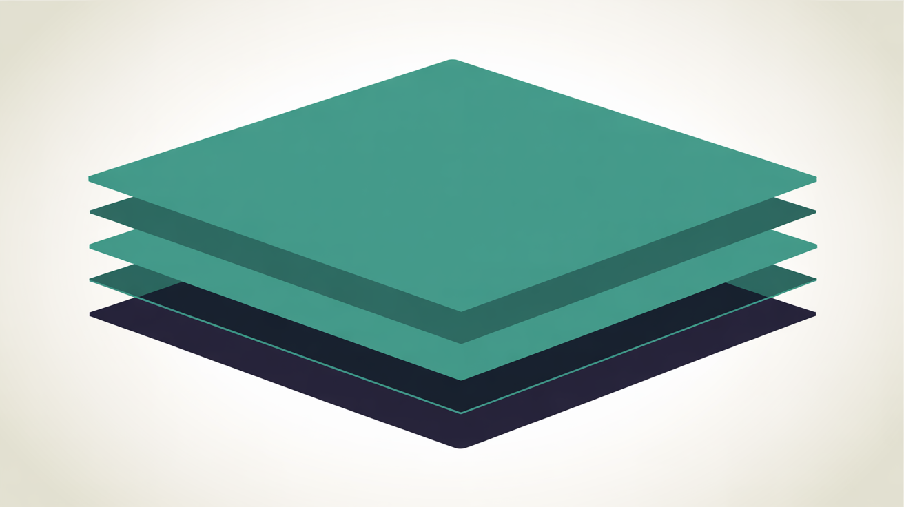 Flat illustration of abstract layered shapes suggesting hidden depth beneath a simple surface, teal on warm grey