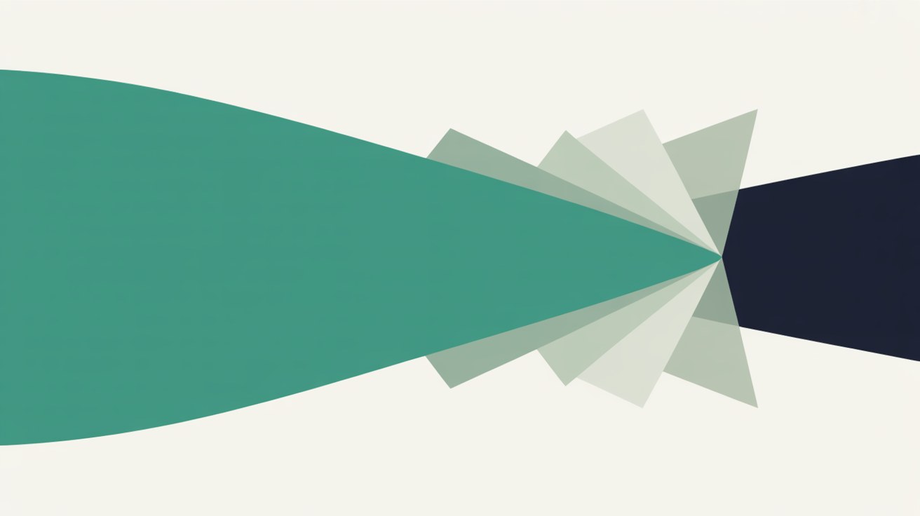 Abstract flat illustration of a teal band being narrowed by overlapping grey shapes, suggesting a payment reduced in stages