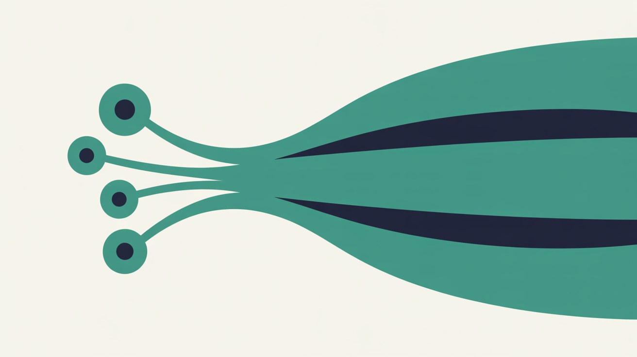 Flat illustration of several small teal nodes converging into one clear channel on a warm stone background