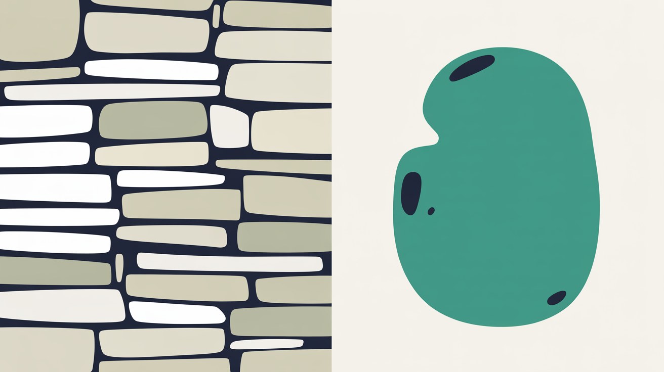 Flat illustration split into two zones, a dense cluster of pale grey shapes on one side and a single clear teal shape on the other, on a warm stone background