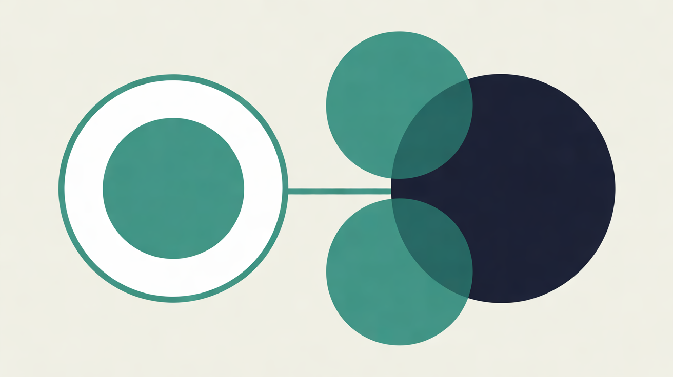 Abstract illustration of a teal circle held inside a white ring with a teal border, joined by a single line to a cluster of overlapping teal and navy circles, on an off-white background