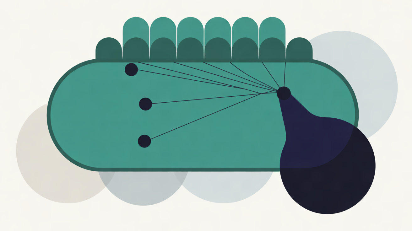 Flat illustration of a rounded teal window shape with a row of small tiles along its top edge, thin lines running from dark nodes to one point, and a large navy circle pulling away from it, on an off-white background