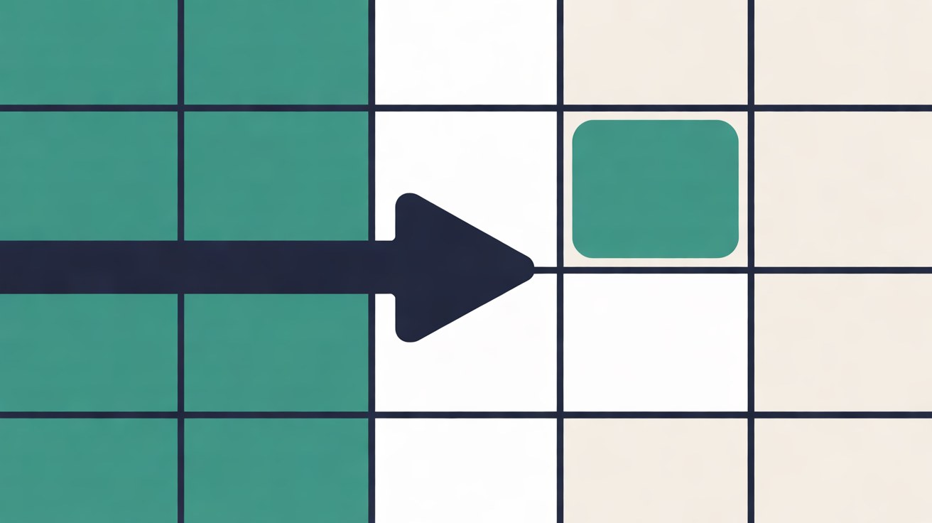 Flat illustration of a calendar grid with one teal square highlighted and a navy arrow pointing towards it