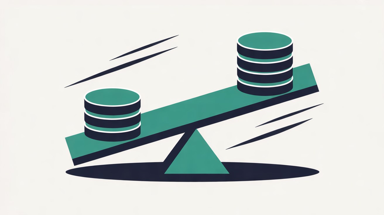 Flat illustration of a teal seesaw with two stacks of coins tilting on a navy pivot, against a warm off-white background
