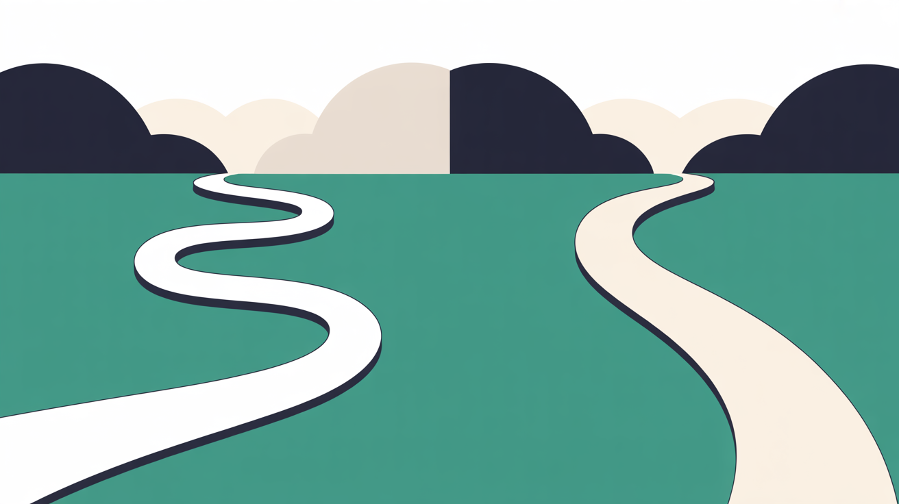 Flat illustration comparing two paths, one long and winding, one short and direct, represented by abstract shapes in teal and warm grey
