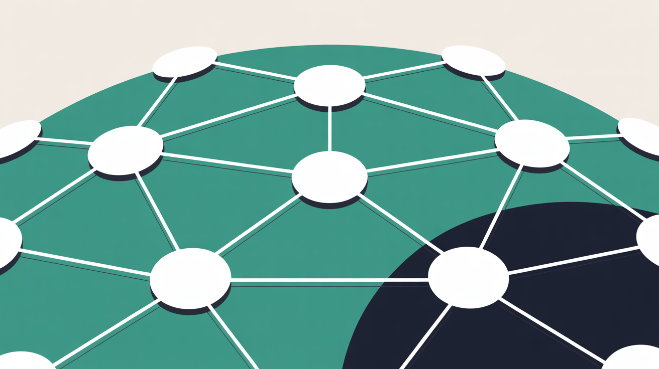 Abstract flat illustration of interconnected nodes and circles in teal on warm grey, suggesting a secure and connected infrastructure
