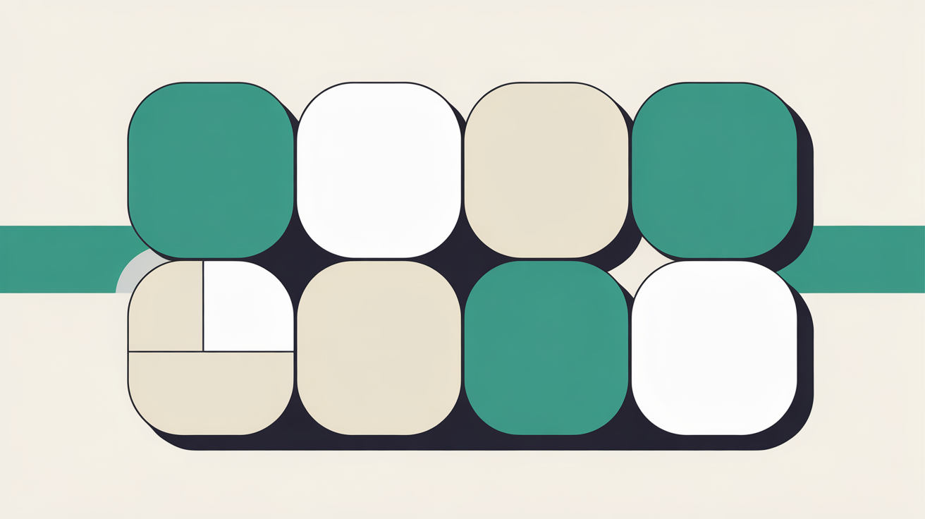 Flat illustration of abstract shapes assembling into a structured layout on a warm stone background with teal accents