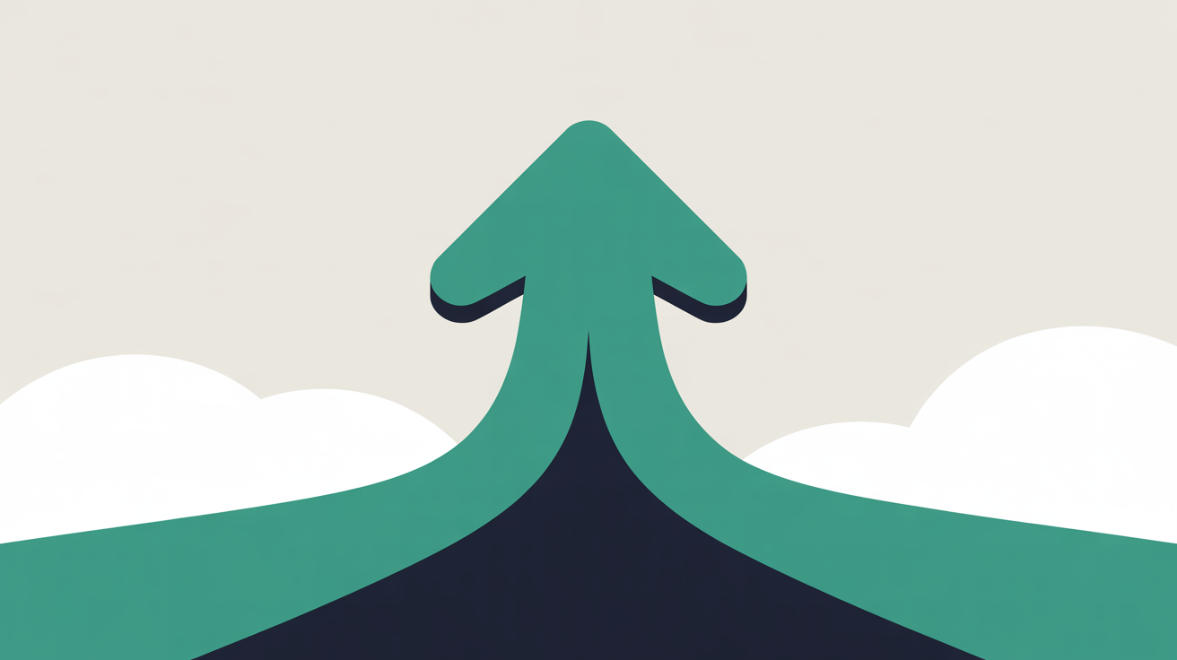 Minimal teal arrow shape moving upward on a warm grey background suggesting launch and forward progress
