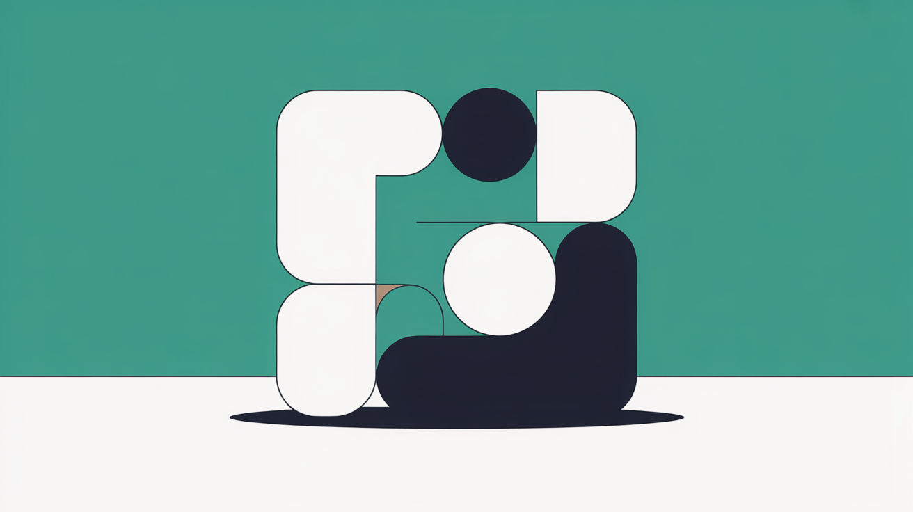 Abstract flat illustration of simple geometric shapes assembling into a website layout with teal accents on a warm stone background