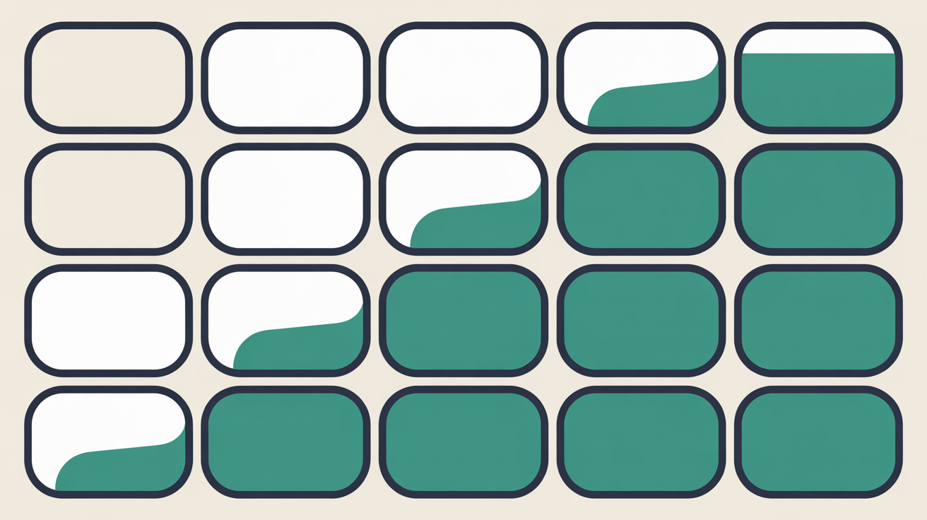 Flat illustration of a half-complete grid of rounded panels filling itself in along a teal diagonal, on a warm stone-grey background