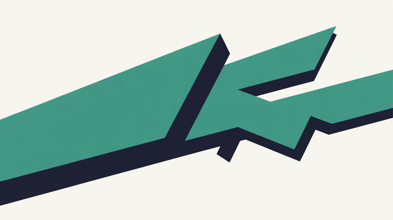Bold flat illustration of geometric shapes shifting along a strong diagonal line suggesting movement, in teal on a warm stone-grey background