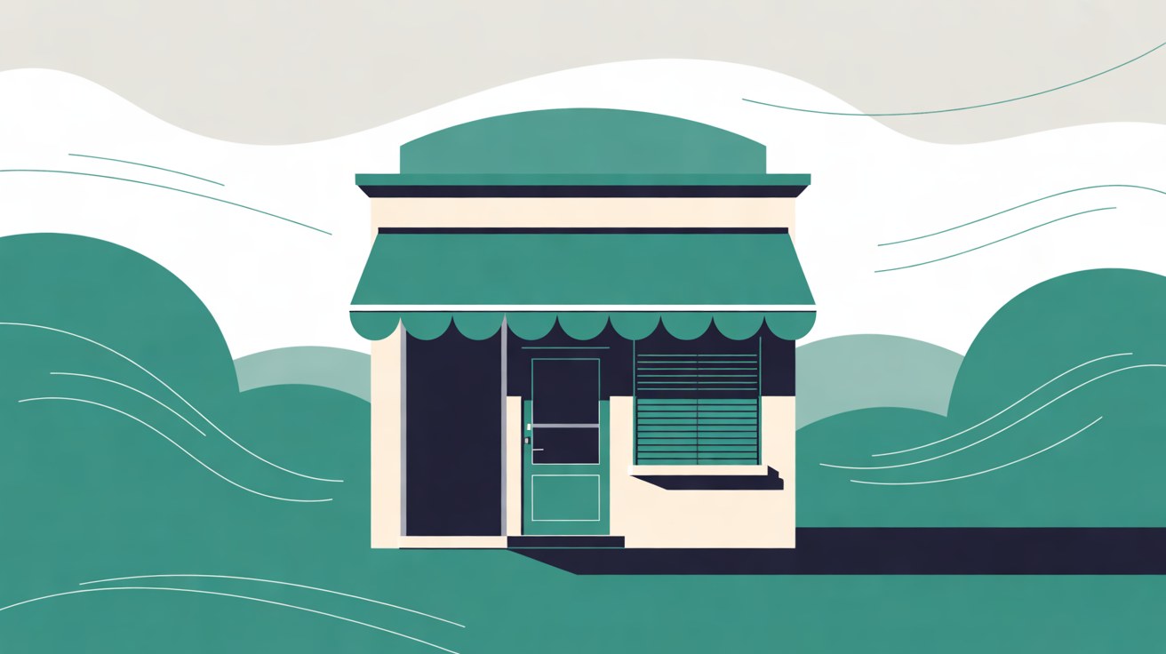 Flat illustration of a small shopfront with a teal awning and a shuttered window, wind lines sweeping across a warm grey sky