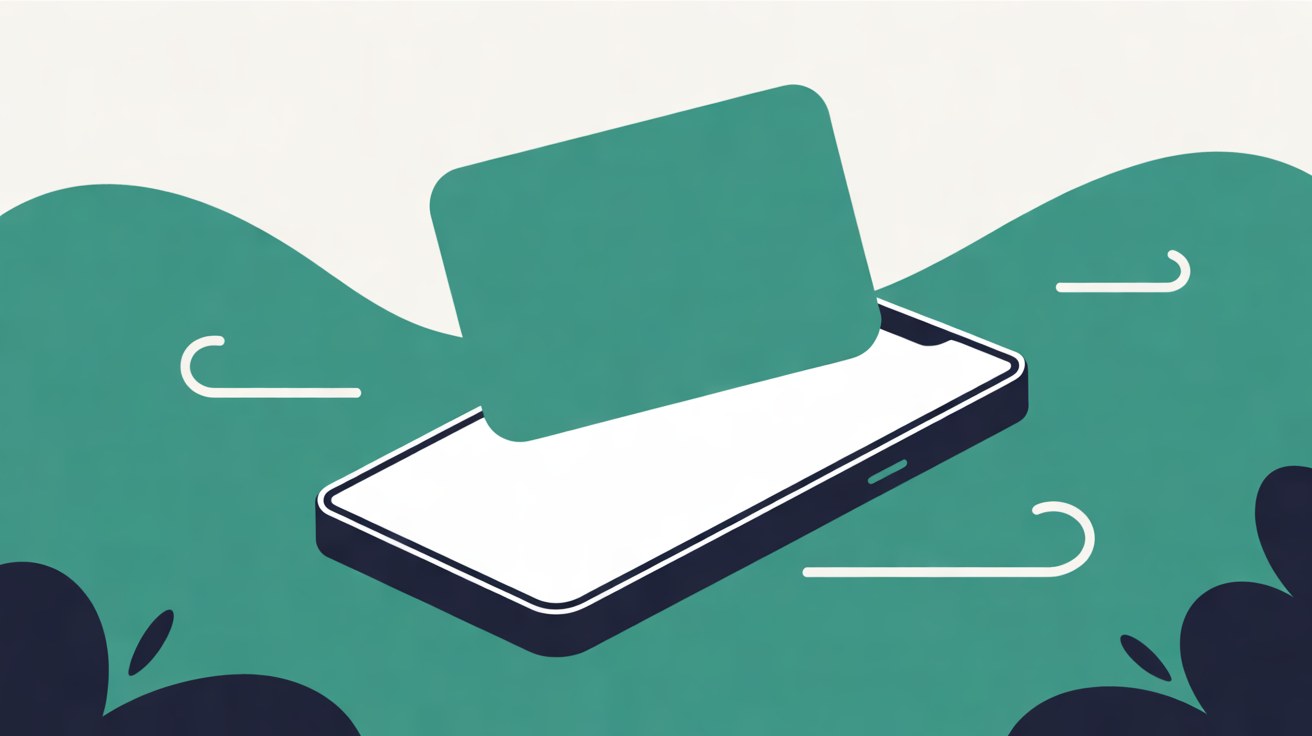 Flat illustration of a smartphone with a teal notice card floating above it and soft wind curves in the background