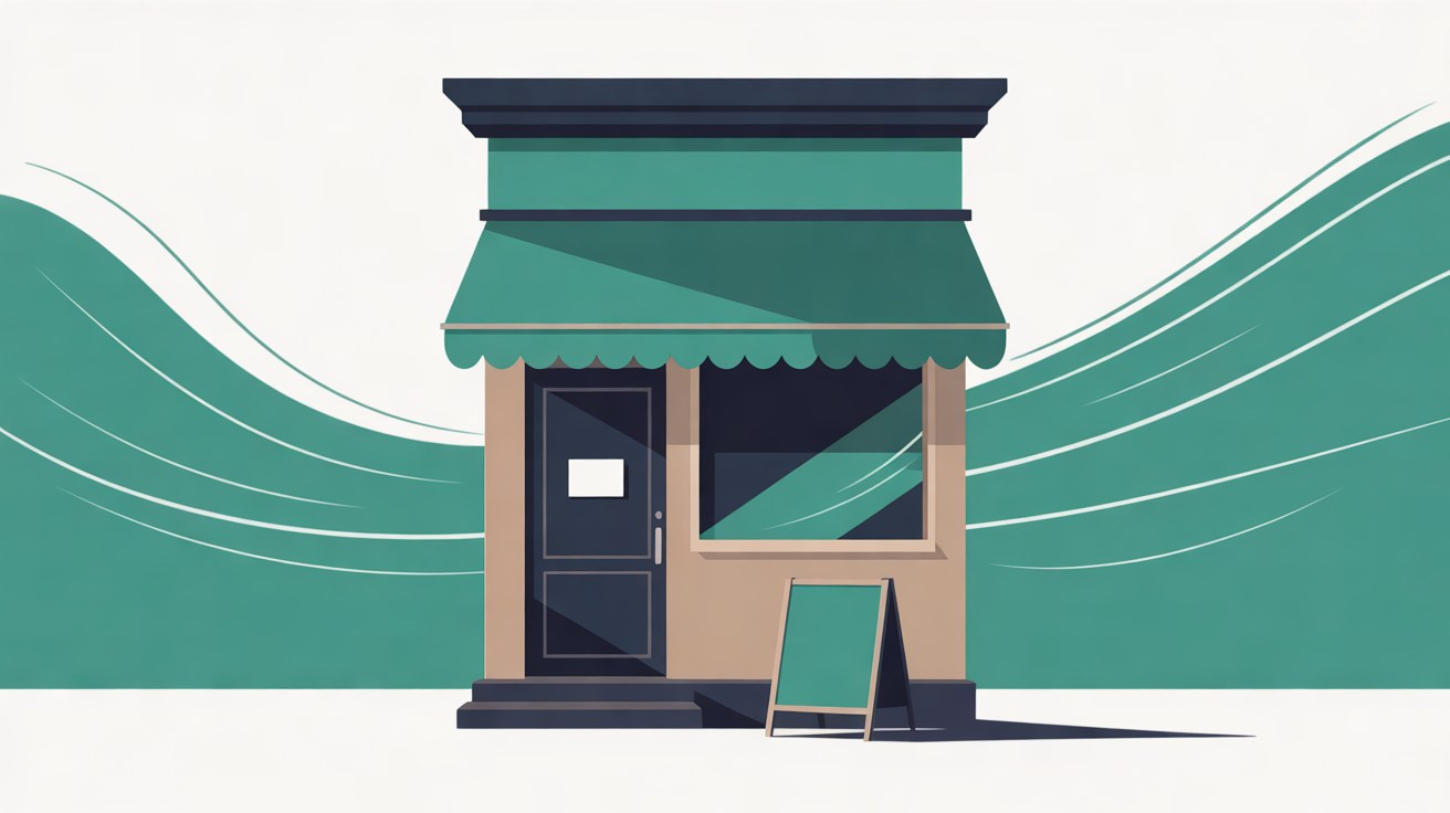 Flat illustration of a small shopfront with a teal awning, a blank notice on the closed door and teal wind waves sweeping behind it