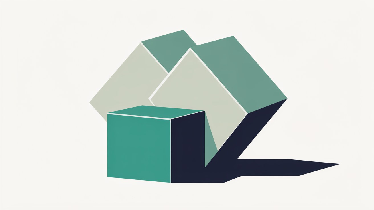 Flat illustration of a small solid teal cube overlapped by larger pale grey and muted green shapes on a warm stone background, suggesting one item crowded out by bigger ones