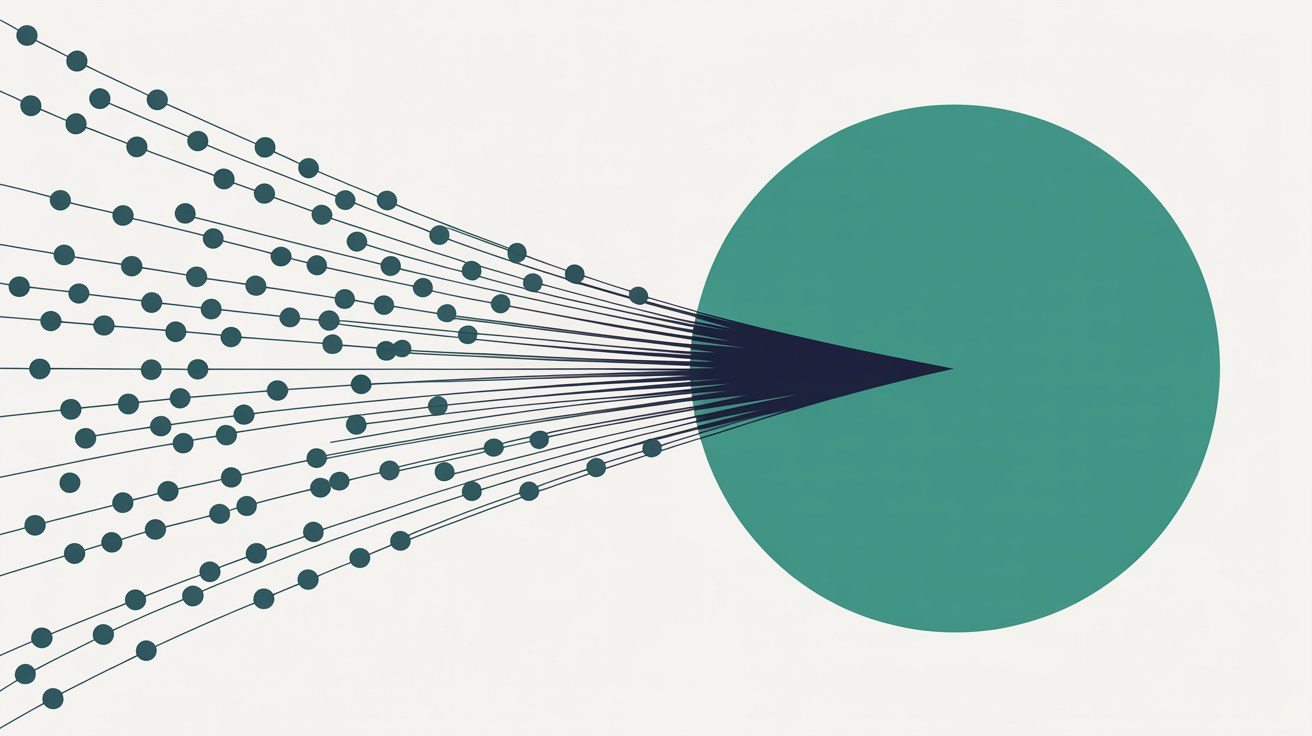 Flat illustration of scattered teal dots converging into a single connected node on a warm stone background, suggesting separate profiles linked to one identity