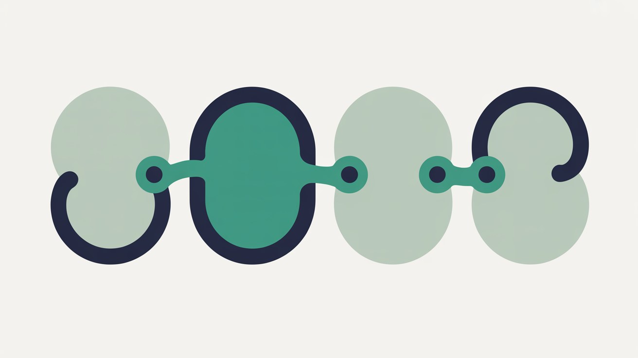 Flat illustration of four rounded shapes in a row linked by thin lines, with one shape filled solid and the others left as outlines
