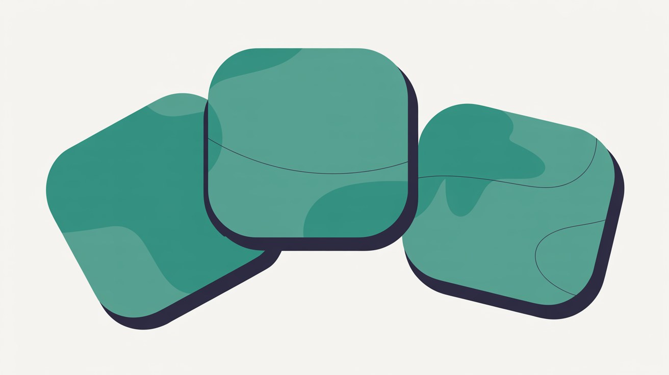 Flat illustration of three overlapping rounded cards with one card set clearly apart from the other two