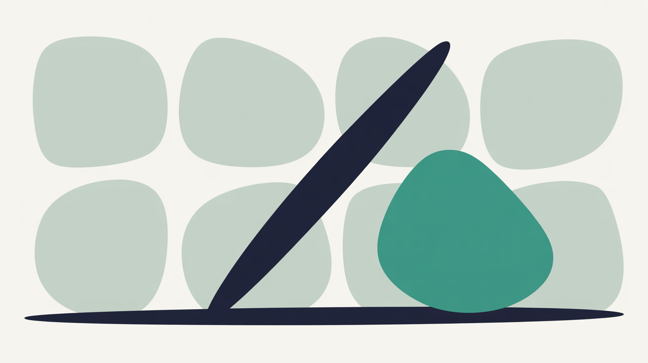 Flat illustration of a grid of pale grey rounded shapes with one teal shape among them and a dark diagonal line cutting through the grid