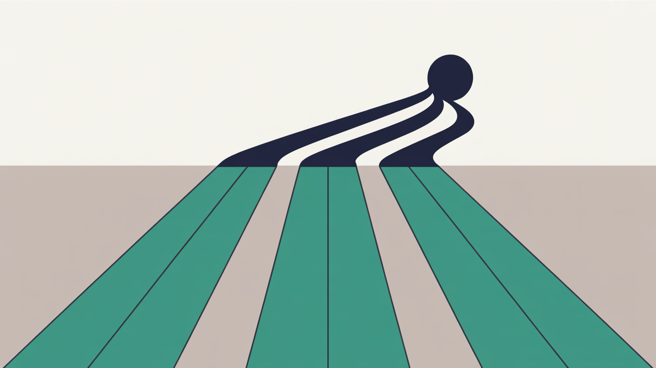 Flat illustration of teal and grey striped paths running into the distance and converging on a single dark circular point