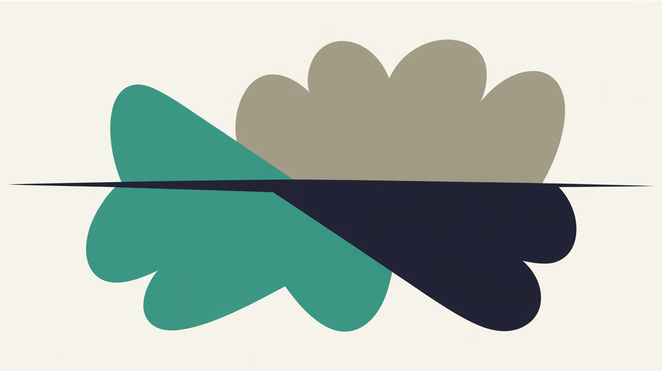 Flat abstract illustration of a teal shape and a grey cluster divided by a single clean horizontal line on a warm off-white background
