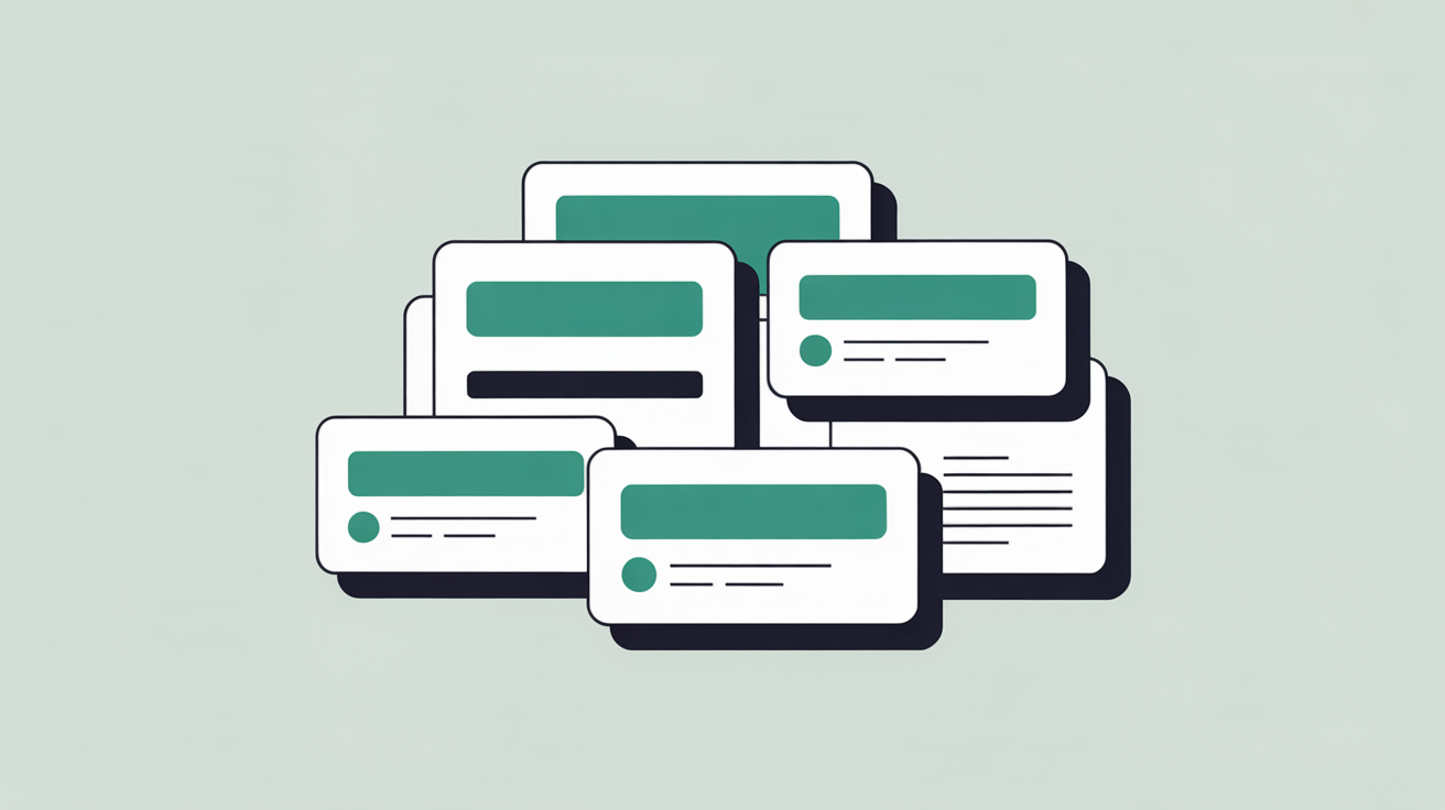 Abstract flat illustration of a small cluster of warm grey panels with teal accent lines suggesting curated specific information