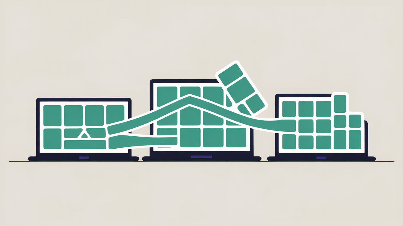 Abstract flat illustration showing geometric grid shapes fragmenting across different screen sizes with teal lines on warm grey