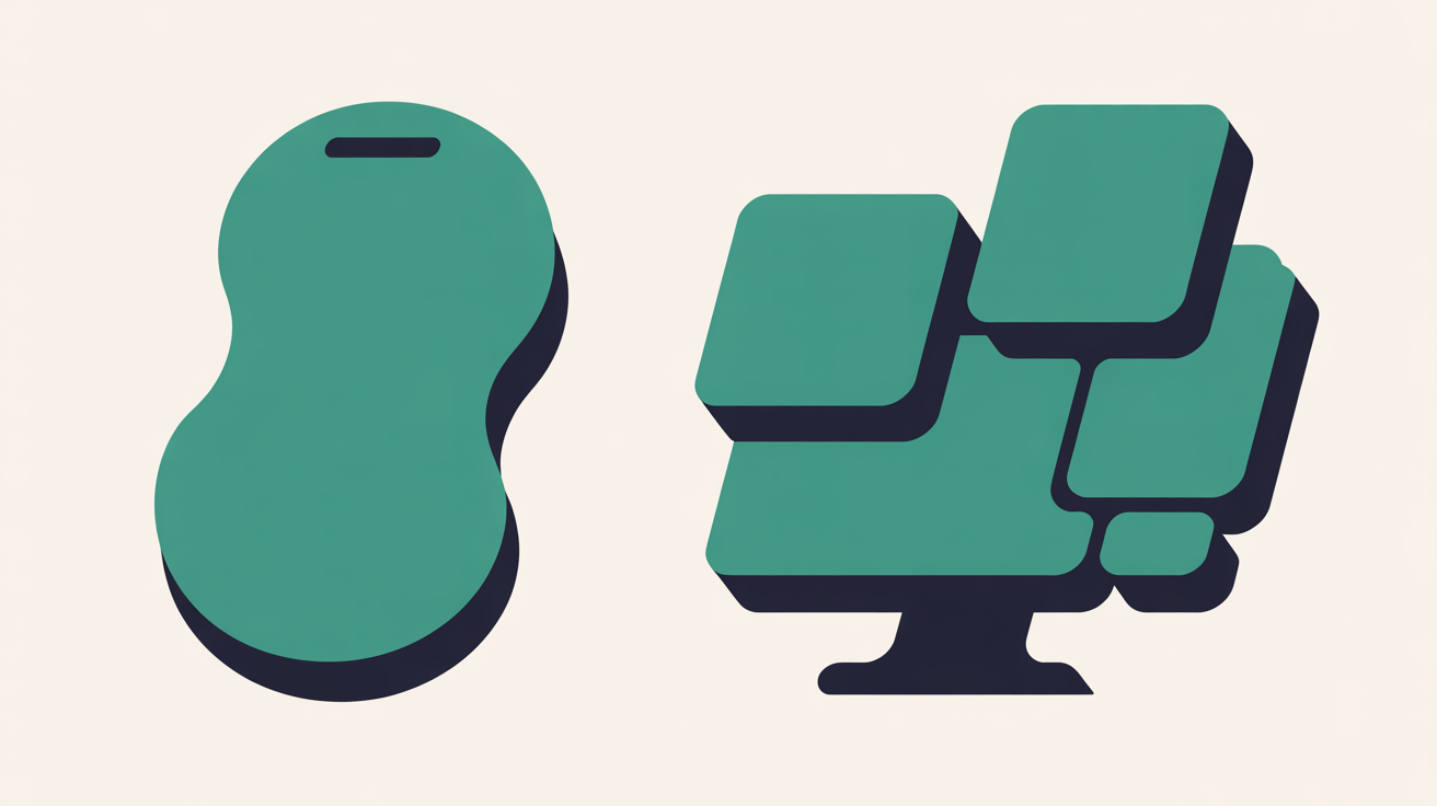 Minimal flat illustration contrasting a smooth mobile interface shape with a cluttered desktop layout shape in teal and navy