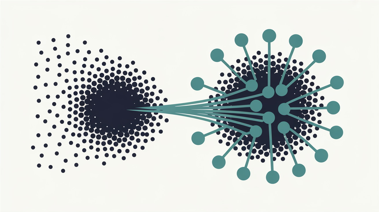 Two contrasting clusters of dots on a warm grey background, one scattered and drifting away, one gathered and connected by teal lines