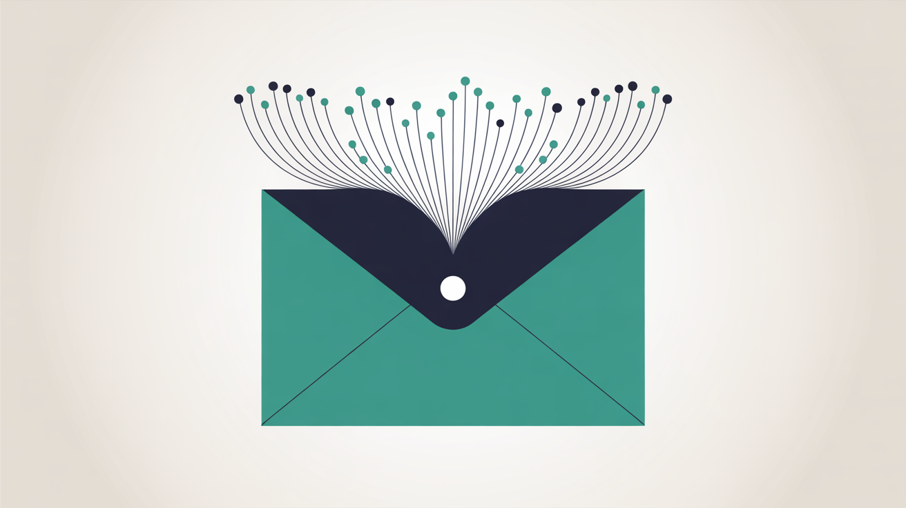 Flat illustration of an envelope shape forming from converging teal lines on a warm grey background, suggesting a single contact being captured