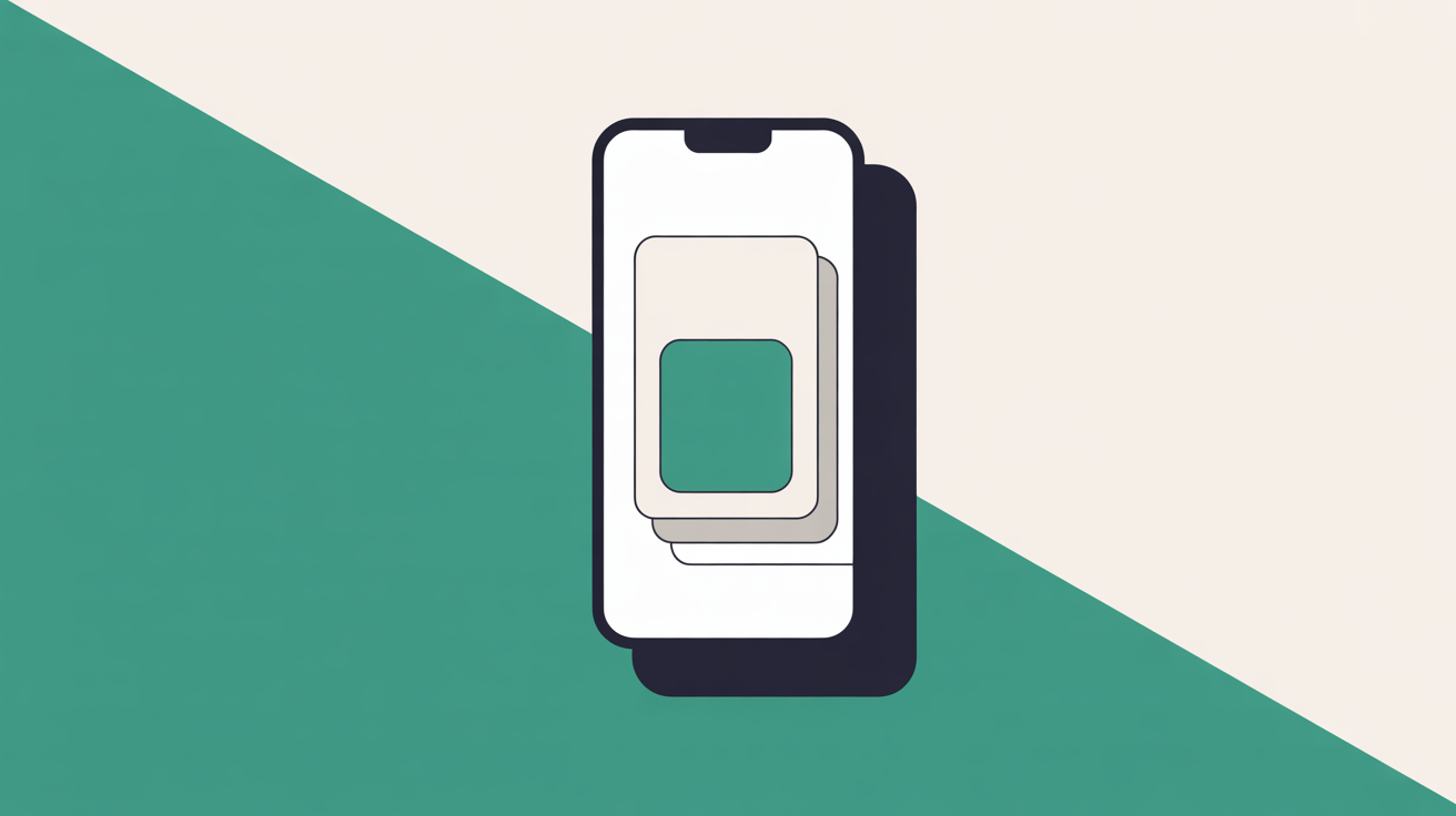 Abstract flat illustration of a smartphone silhouette with layered rectangular shapes suggesting a simple page layout