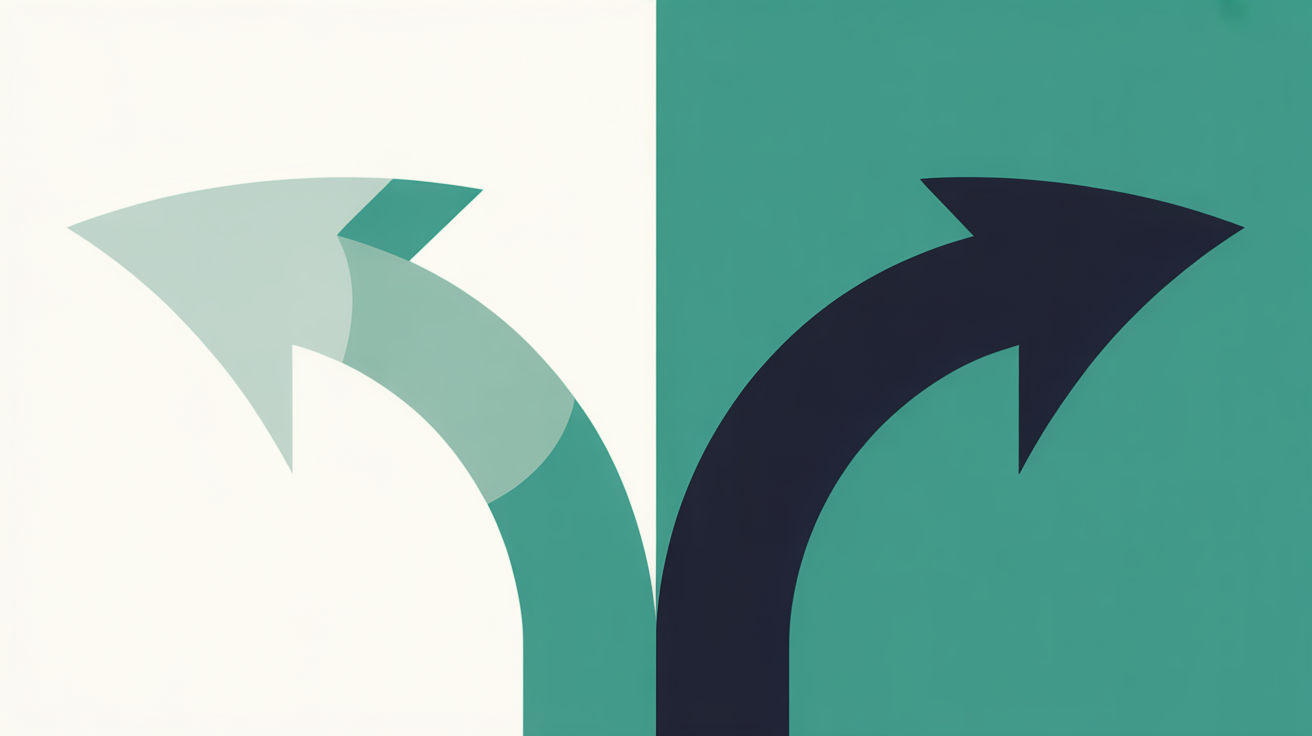 Abstract flat illustration of two divergent paths, one faint and fading, one solid teal curving forward on a warm stone grey background