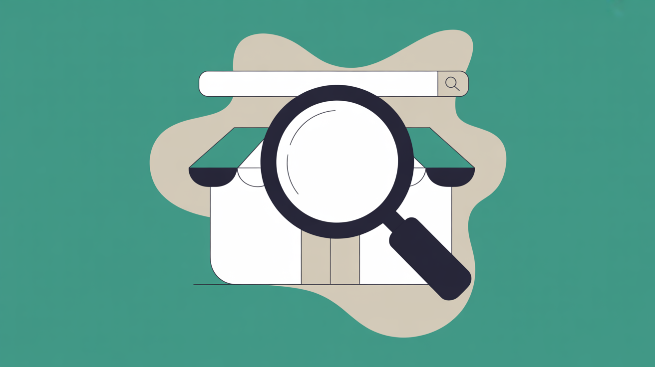 Flat illustration of a magnifying glass hovering over a business storefront with a search bar above it