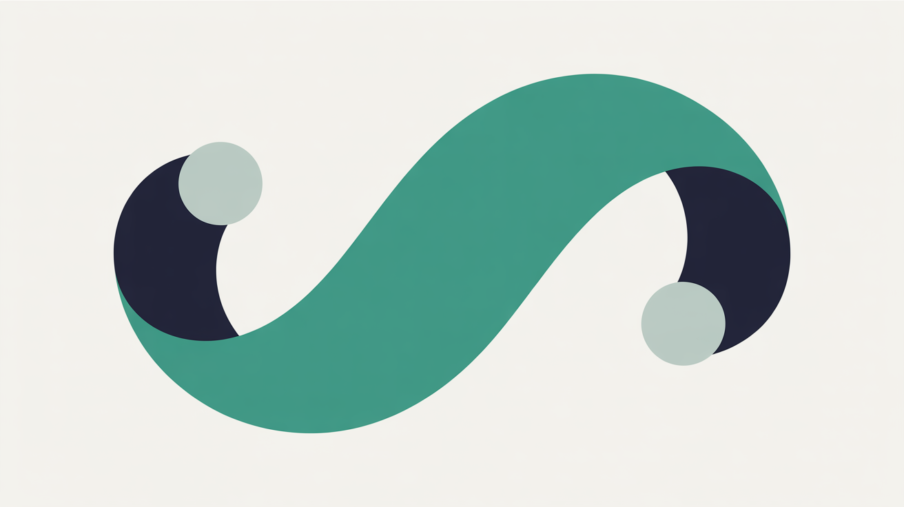 Abstract flat illustration of a curved teal line connecting two small circles, suggesting a direct call between two places on a warm stone grey background