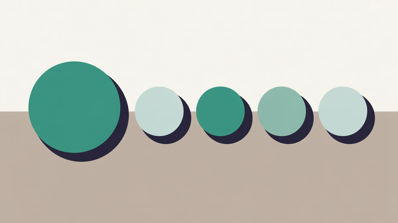 Abstract flat illustration of five aligned markers along a horizontal path with a teal accent on the first marker, on a warm stone grey background