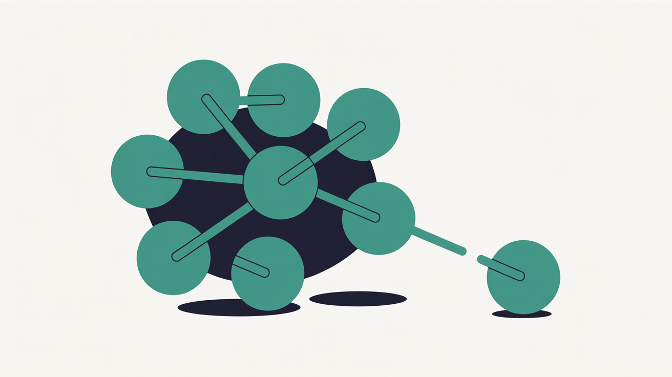 Abstract illustration of a network of connected nodes with one central node disconnected from the others