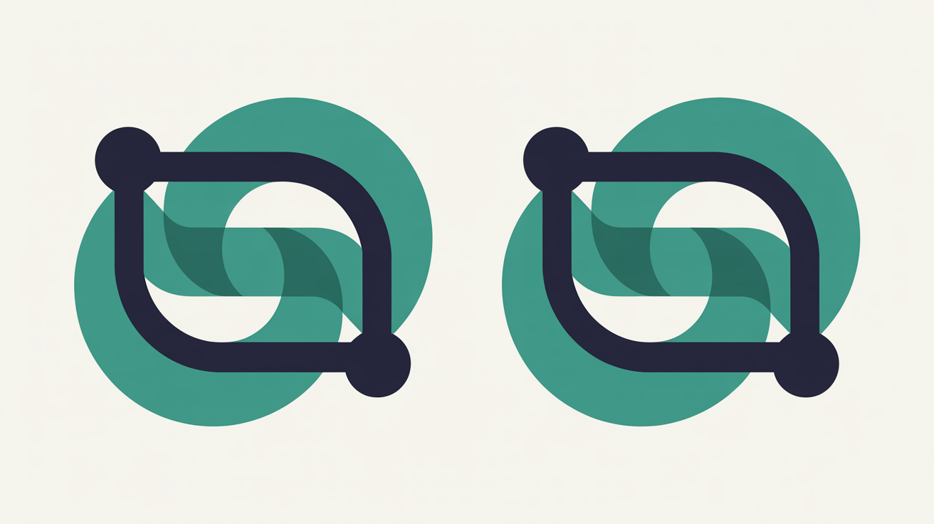 Two identical abstract motifs side by side, each showing a pair of navy nodes joined by a path running through overlapping teal circles