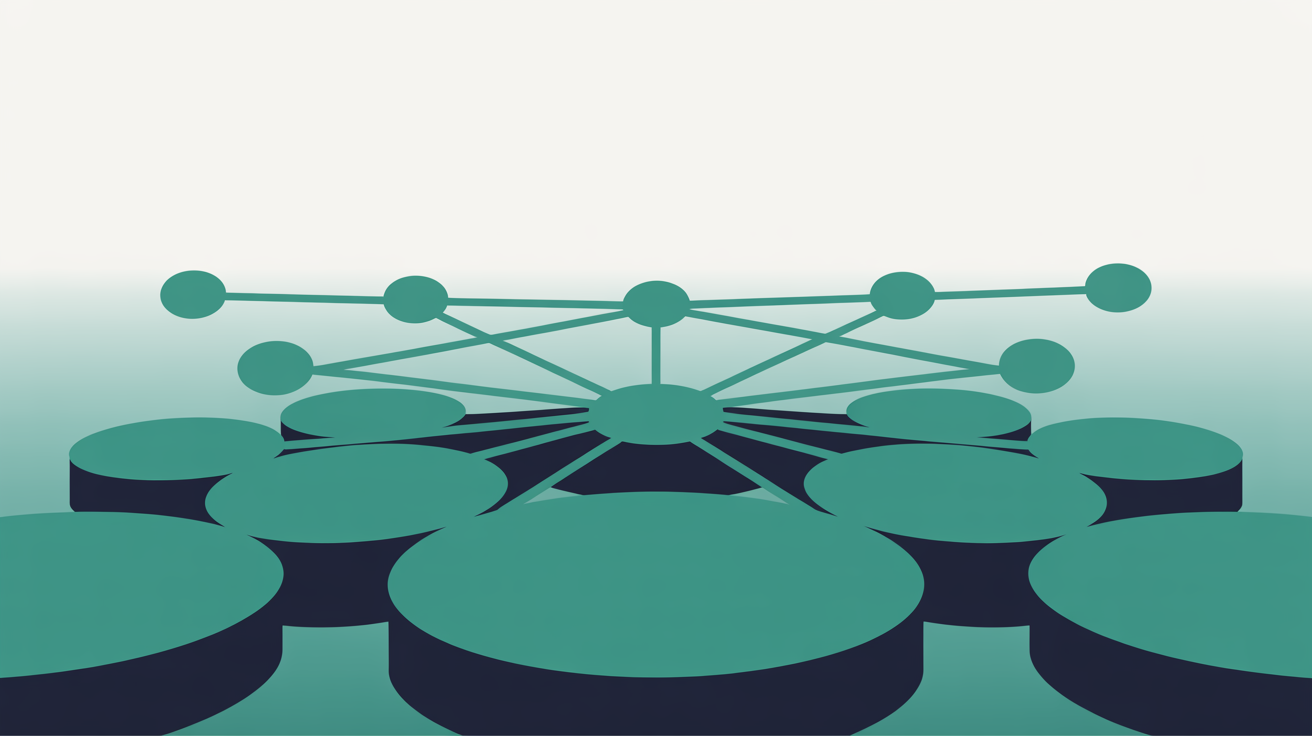 Flat illustration of teal nodes joined by thin lines converging on one central node above a cluster of navy and teal discs, on a warm grey background