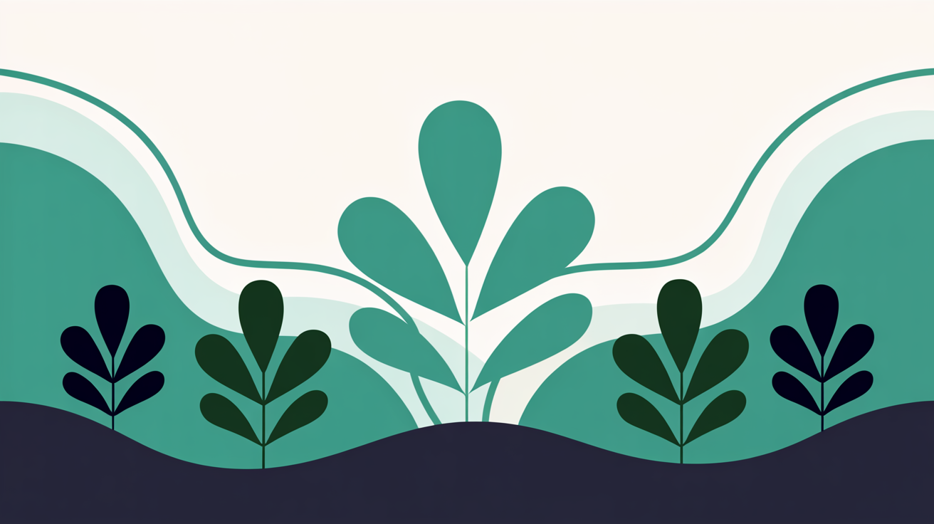 Warm flat illustration of leafy plant shapes growing upward through flowing teal curves