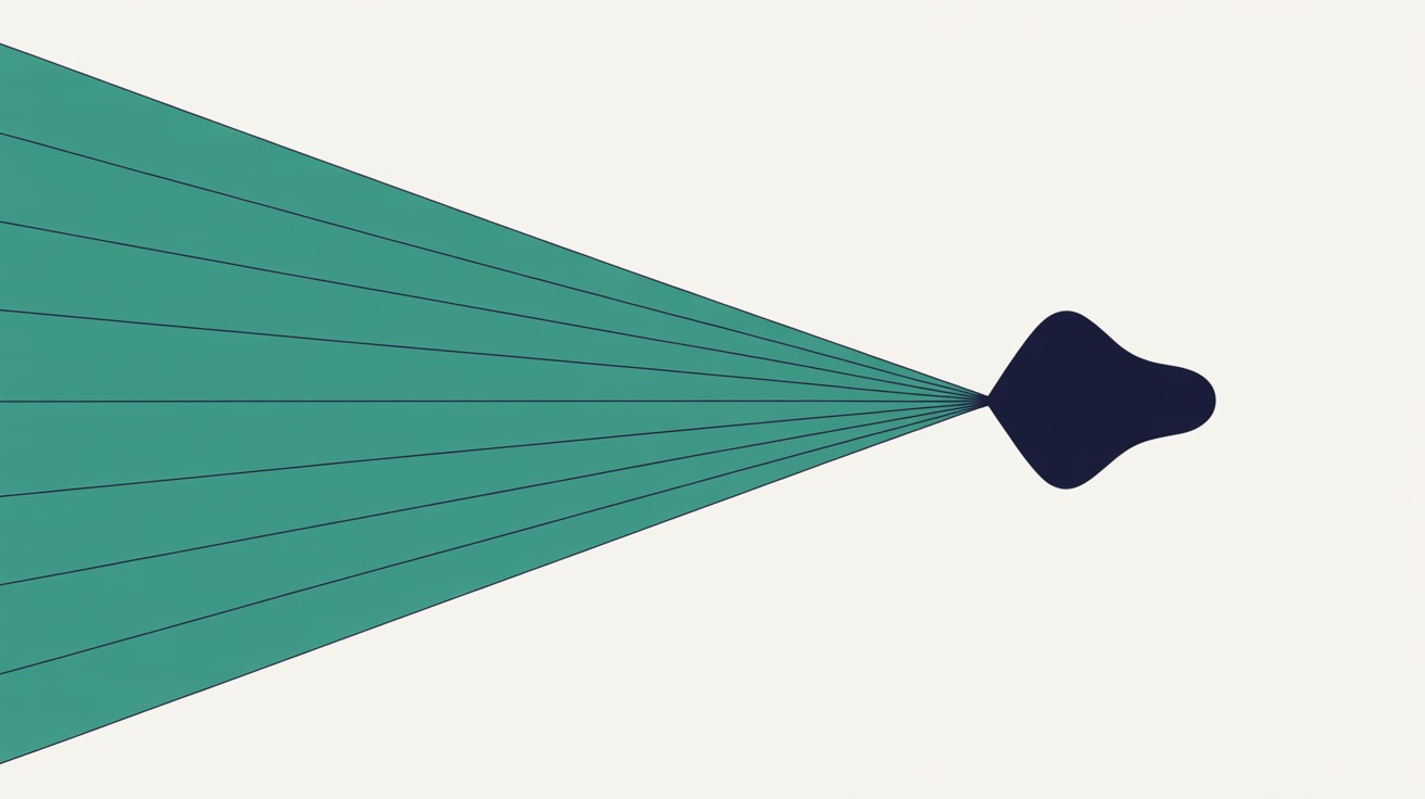 Flat abstract illustration of a wide teal fan of narrow converging lines all narrowing to a single point at one small dark navy shape