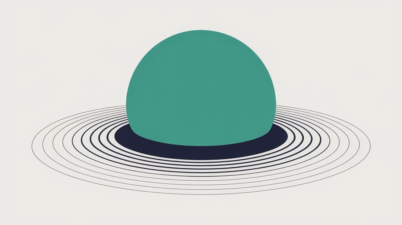 Flat abstract illustration of a solid teal dome resting on a dark navy base, with fine concentric rings rippling outward across a warm off-white background