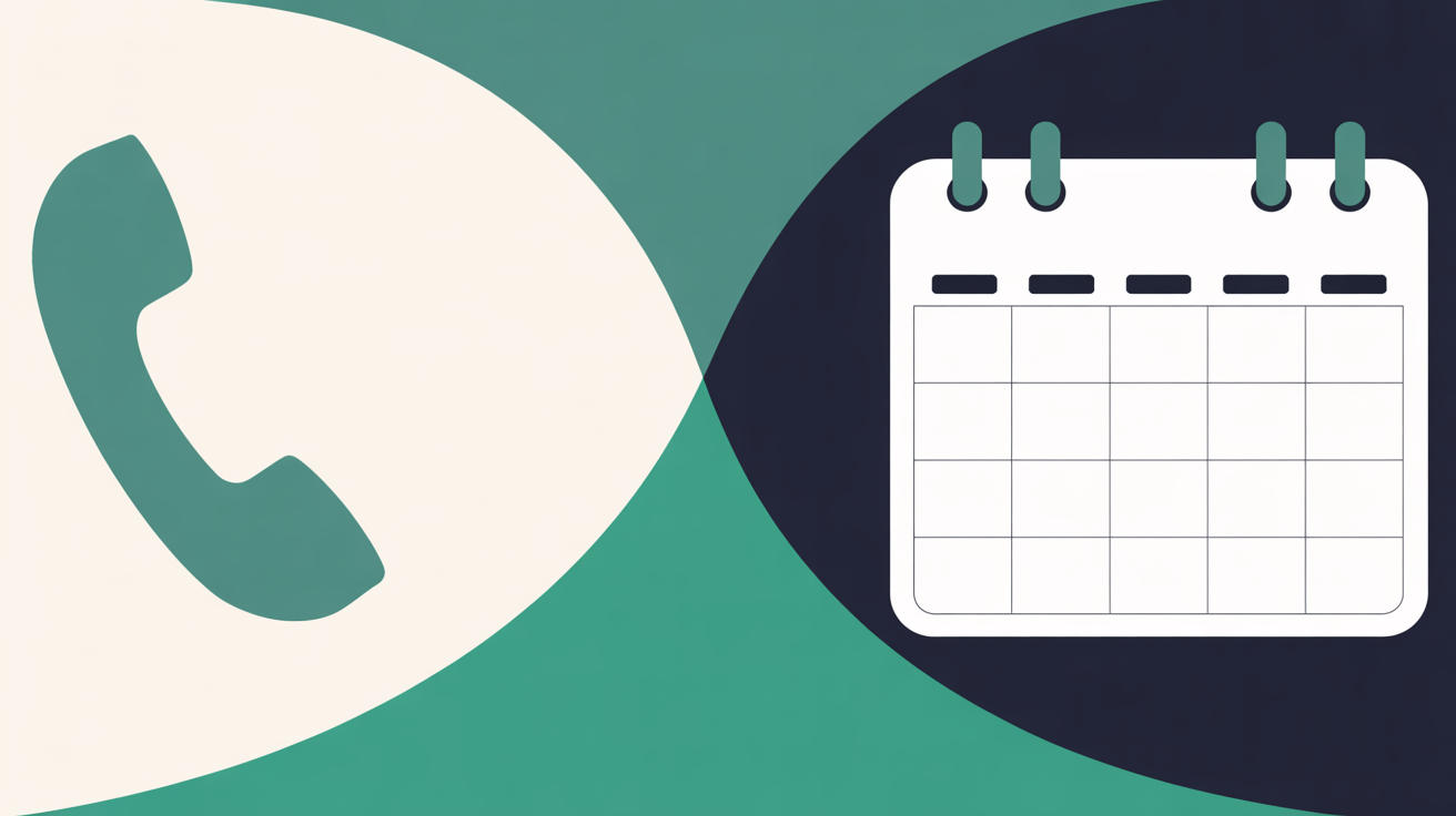 Abstract illustration of a faded telephone receiver on the left and a structured calendar grid on the right, connected by a flowing teal arc