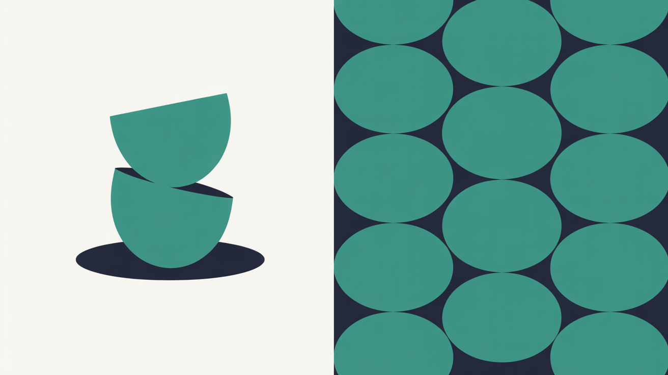 Flat abstract illustration of a small shape enclosed inside a rounded boundary beside an open field of overlapping circles extending beyond the frame, teal on warm grey