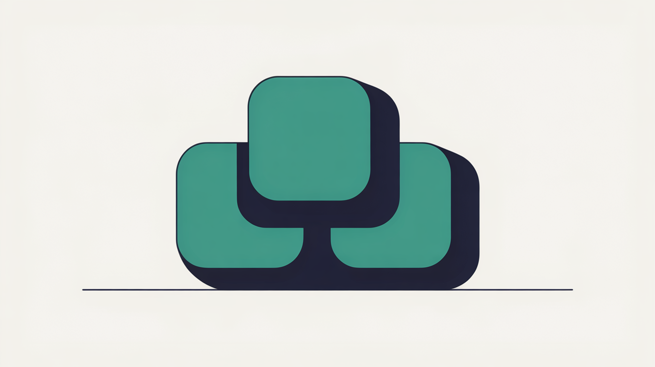 Abstract flat illustration of building-block shapes that fit together and can be lifted and carried, teal accents on a warm stone grey background