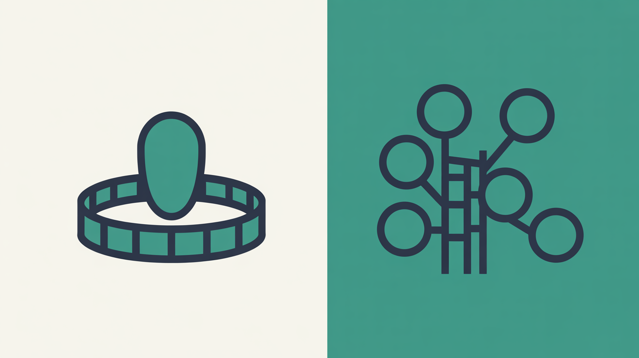 Flat abstract illustration of two contrasting zones, one shape enclosed inside a rounded boundary, one open field of connected shapes extending outward, in teal and warm grey