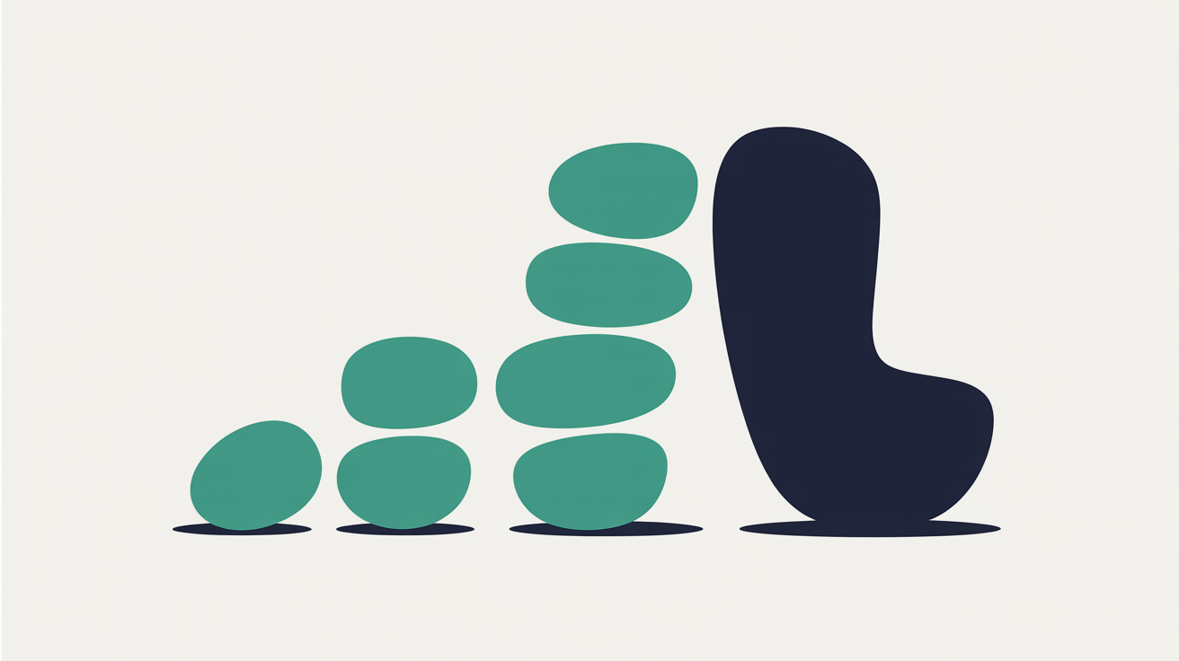 Flat illustration of teal pebble shapes stacked in three ascending groups beside one taller deep navy form