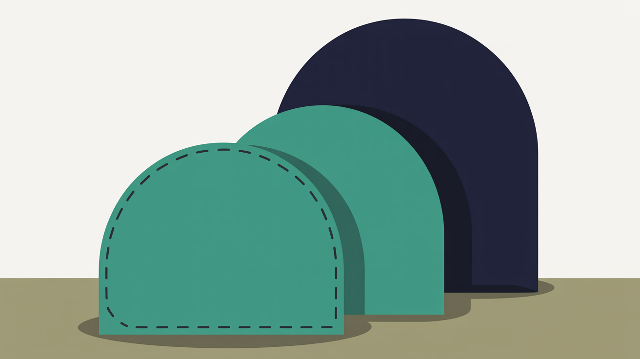 Flat illustration of three overlapping arch shapes, the nearest teal with a dashed outline, the furthest deep navy