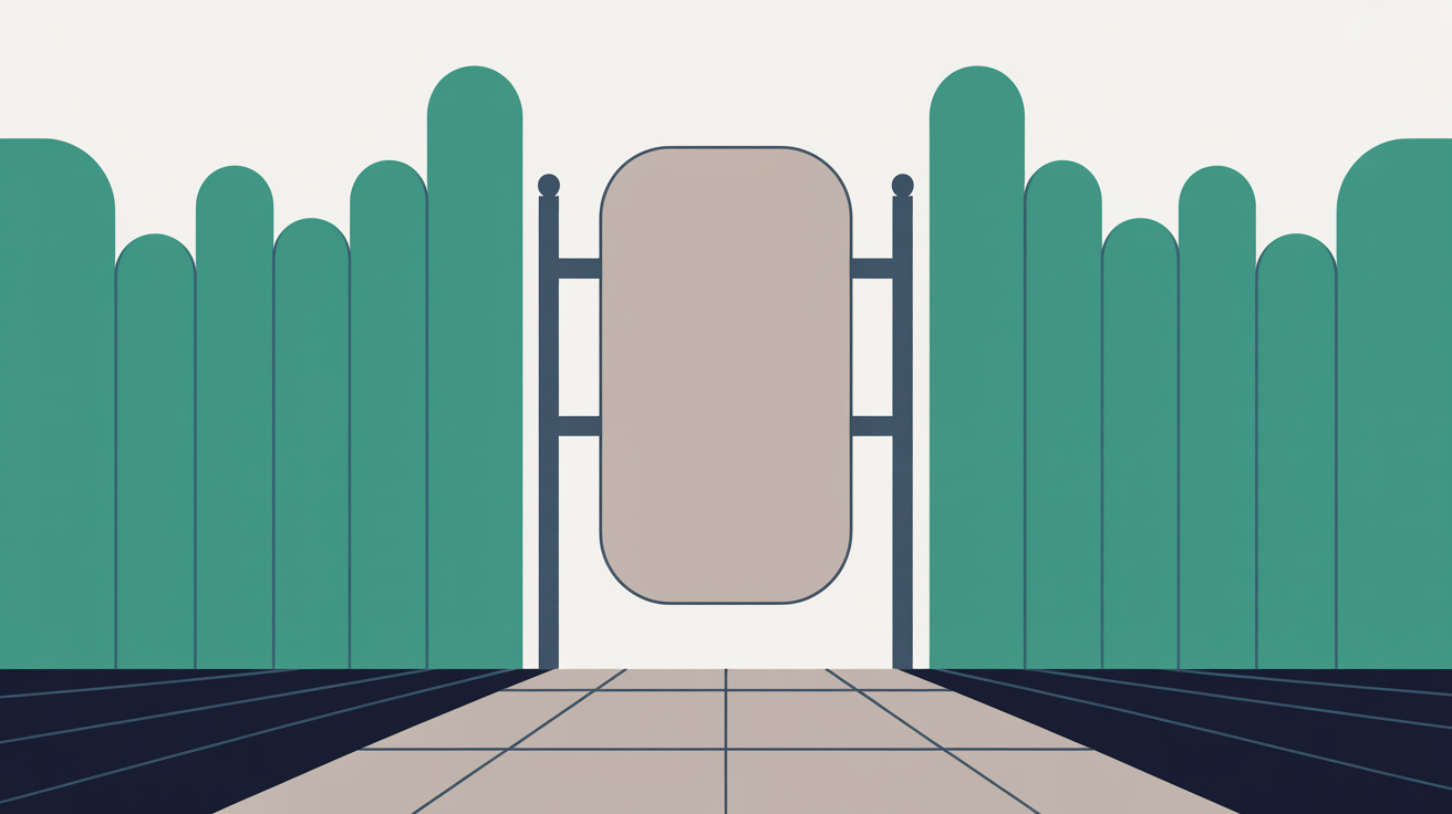 Flat illustration of a stone-grey rounded panel passing between two rows of upright teal gate shapes above a receding tiled path