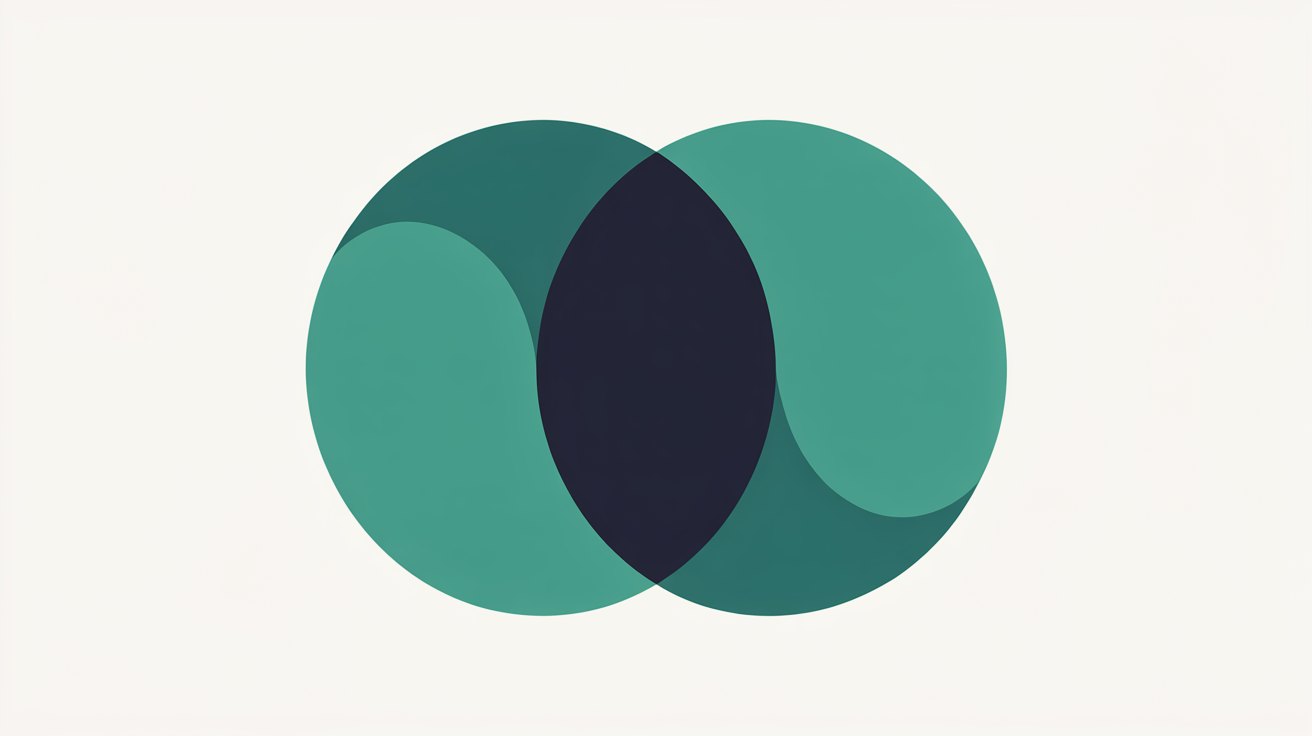 Two overlapping teal circles forming a dark navy lens shape where they meet, on an off-white background